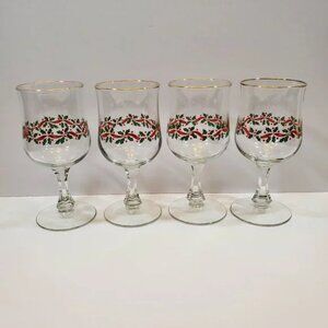 Set of 4 Libbey Holly Berry Red Ribbon Christmas Wine Glasses Stemmed Goblet